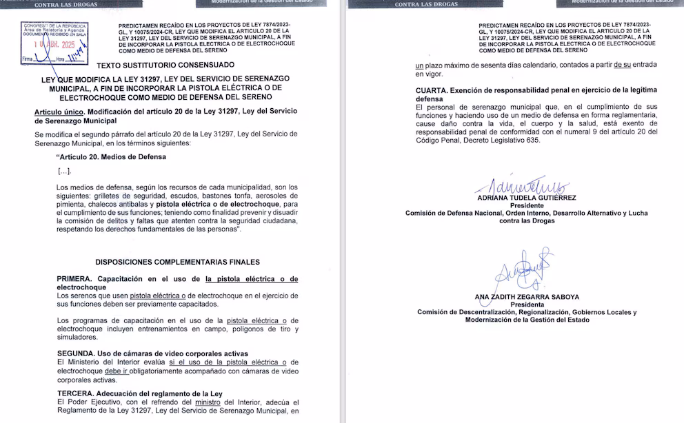 Dictamen aprobado por el Congreso para que serenos usen pistolas eléctricas.
